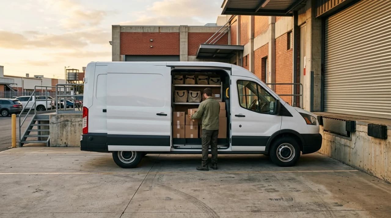 Camioneta de reparto cargando pedidos para entrega en Monterrey